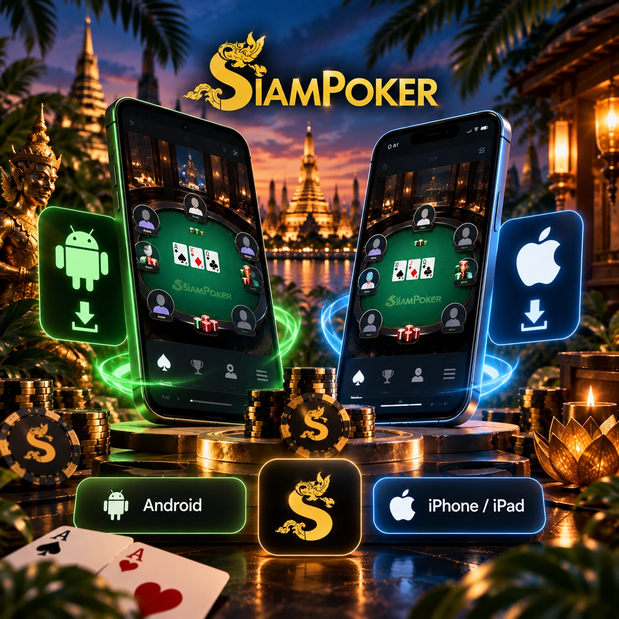SiamPoker app banner featuring Android and iPhone poker apps, mobile tables, cards and chips.