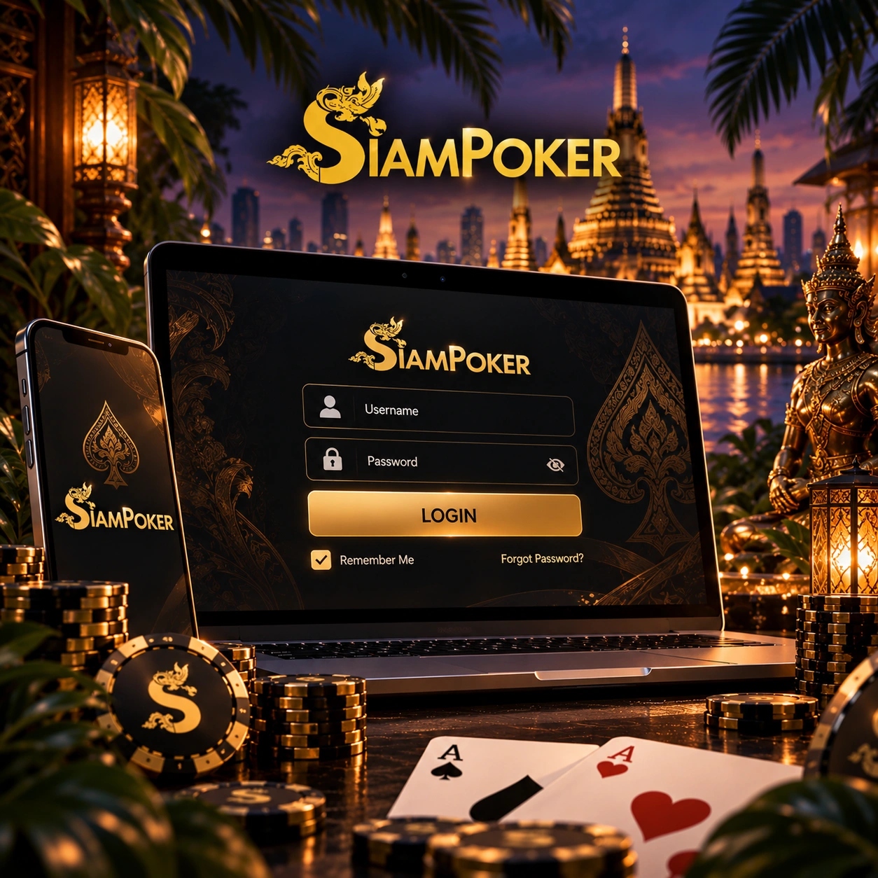 SiamPoker login banner featuring a poker login screen, mobile device, cards and chips.
