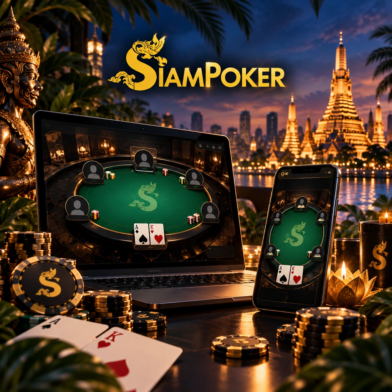 a gaming laptop and a phone with the gaming tables from the siampoker website