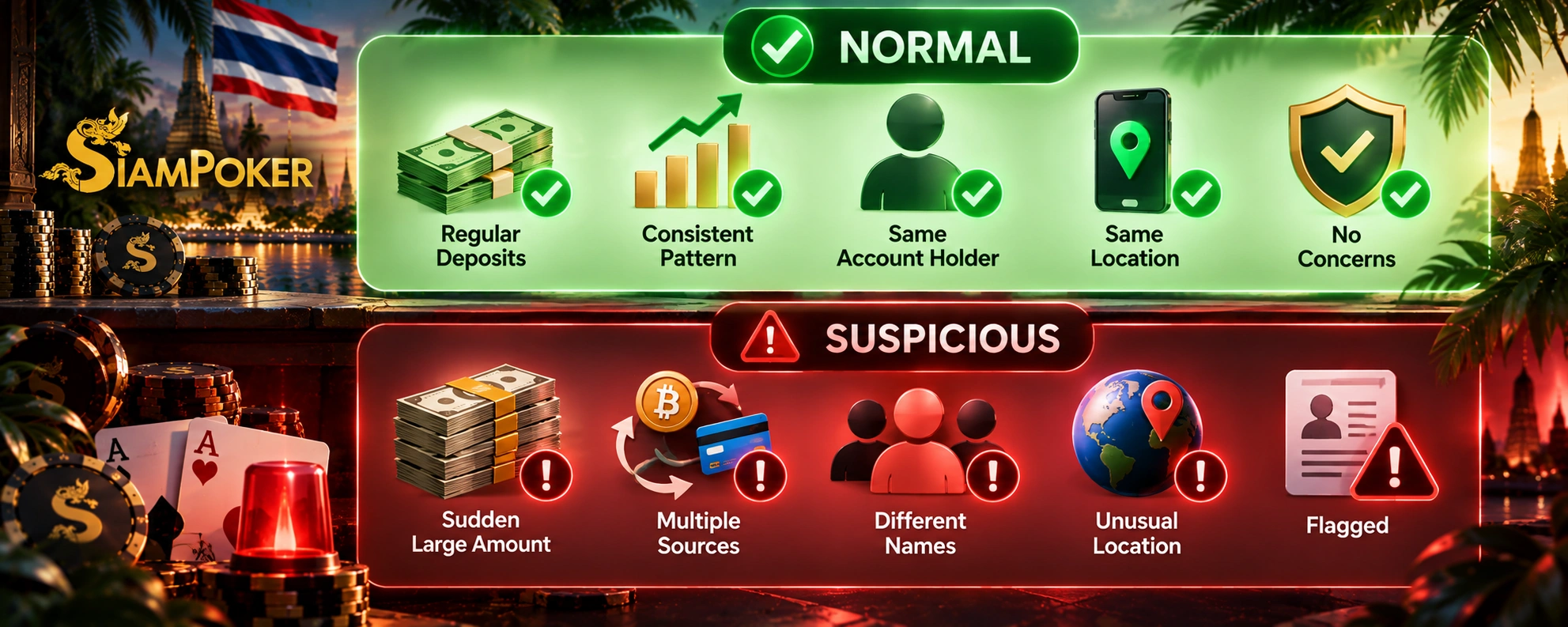 SiamPoker infographic comparing normal and suspicious transaction activity.