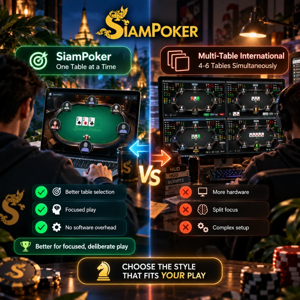SiamPoker comparison of single-table and multi-table poker play, showing focused play versus simultaneous tables.